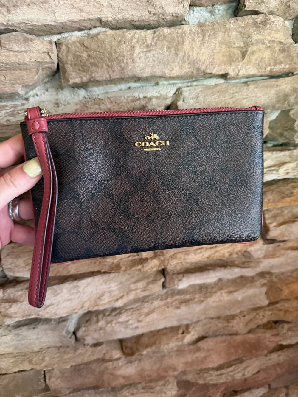 Coach Brown Larger Signature Wristlet Clutch Wallet Phone Bag with Burgundy Trim